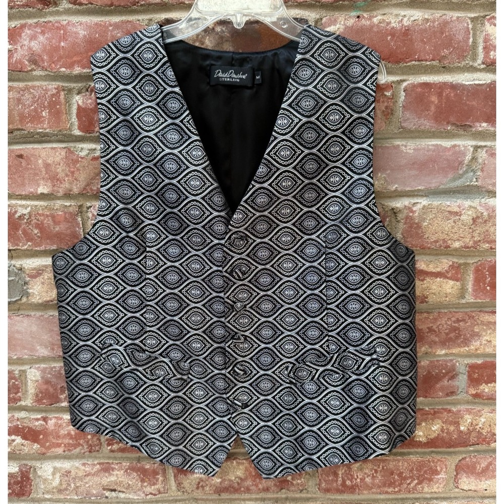 VTG 1990s David Donahue Sterling Men's Vest Size‎ M – Black/Silver 100% Silk USA